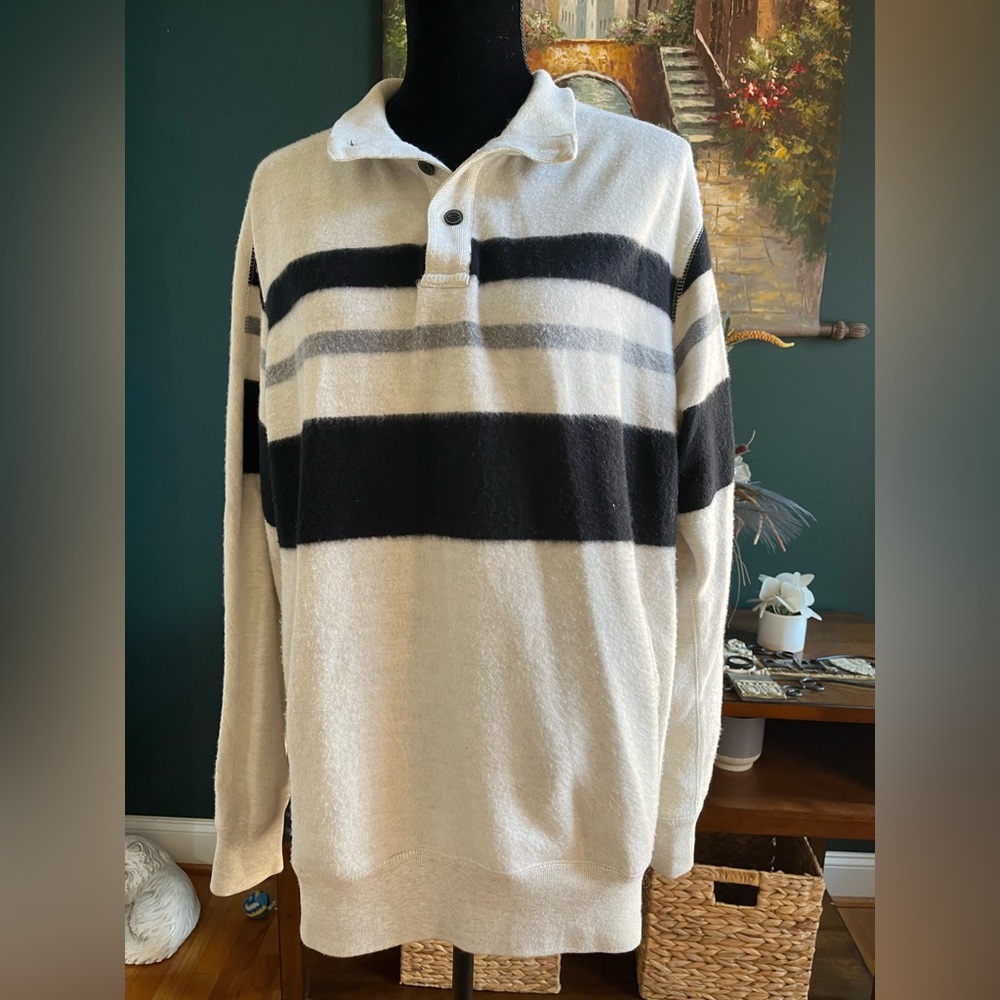 Chaps Men's Sweater - Black, Gray, and Cream Stripes